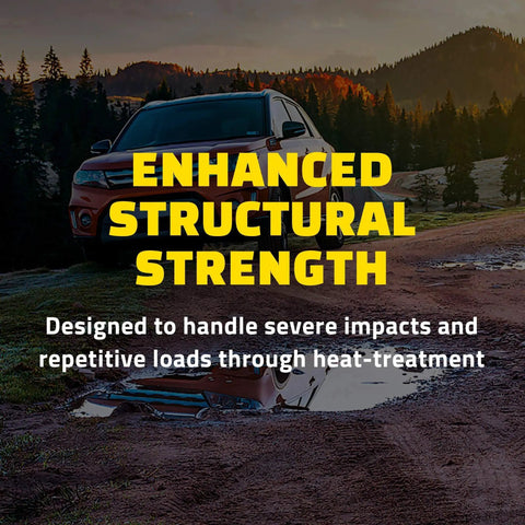 SUV on a muddy road with text overlay 'Enhanced Structural Strength' promoting durability in severe conditions