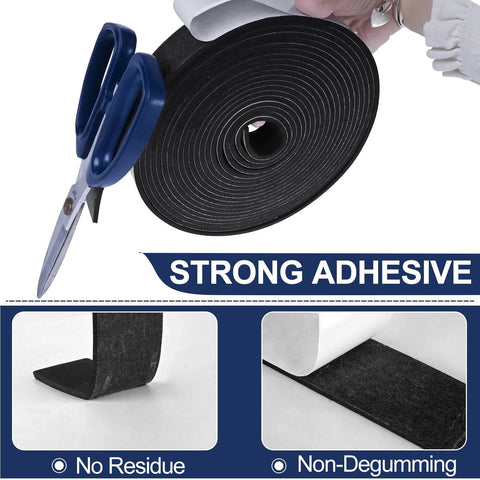 66Ft Self Adhesive EVA Foam Weather Stripping Tape For Doors And Windows shown with scissors, close-up on black seals with no residue