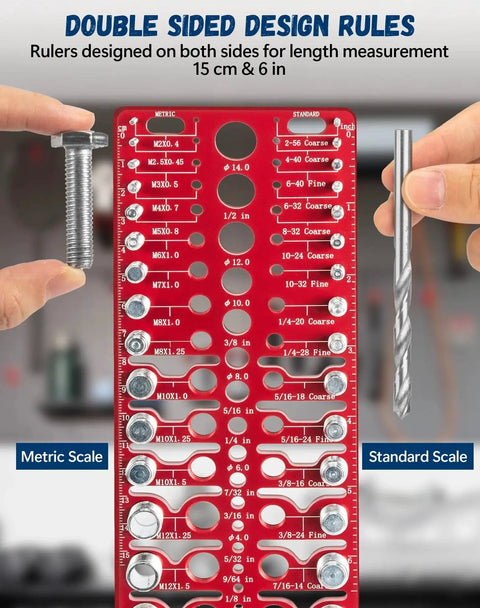 Pro Grade Nut And Bolt Thread Checker Kit for Standard and Metric Threads with bolt, drill, and size plates visible