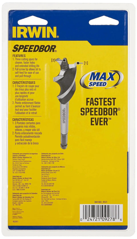 Back view of Fast Wood Drill Bit Set For Quarter Inch Quick Change Chucks With Tri Flute Design packaging, IRWIN brand.