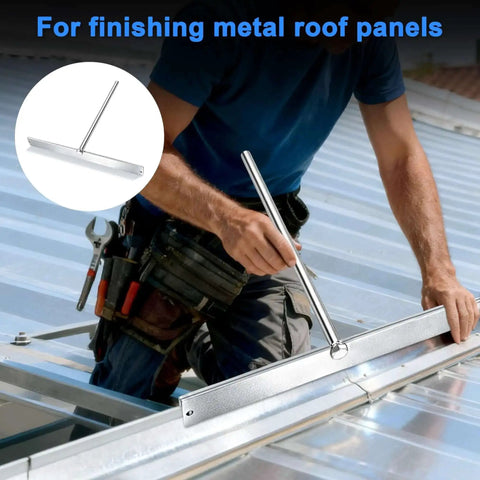 15.25 Inch Sheet Metal Bender Hand Tool For Roofing And HVAC Projects in use on a metal roof, showing sight holes and handle