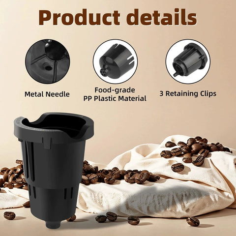 Front view of black K-Cup pod holder replacement for Keurig; metal needle, food-grade PP plastic, and 3 retaining clips.