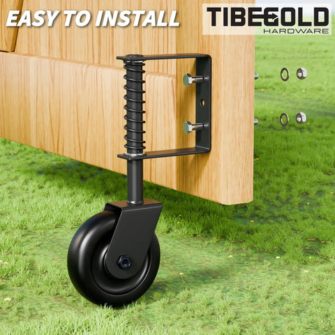 Heavy Duty 4.3 Inch Gate Wheel Casters for Outdoor Wooden Gates and Fences, Spring Loaded Gate Caster with Bearing shown installed