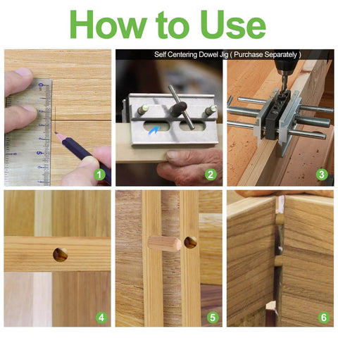 Quarter Inch By One And A Half Inch Wooden Dowel Pins 100 Pack In Natural Beech Warp Resistant Fluted Dowel Rods For Quick Crafts Woodworking And DIY Furniture Projects with installation process shown in multiple steps.