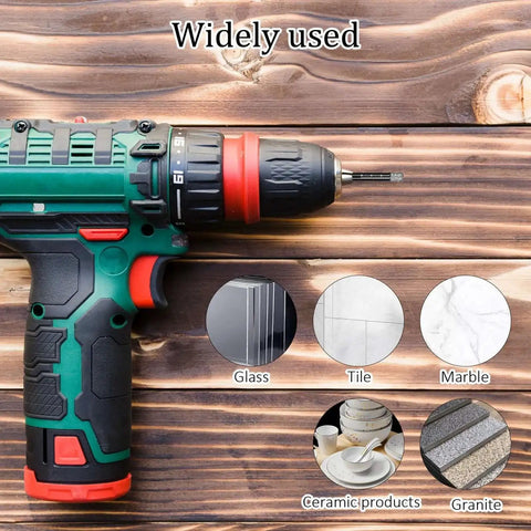 Drill with Five Piece Dry Diamond Drill Bit Set for Masonry and Tile with 6mm core bits for glass, tile, marble, and granite.