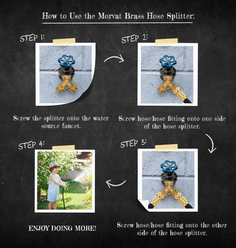 Morvat brass 2-way hose splitter diagram with blue ON/OFF valve handles on chalkboard background.