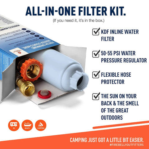 RV inline water filter kit with 50–55 PSI regulator, flexible hose protector, and brass fittings