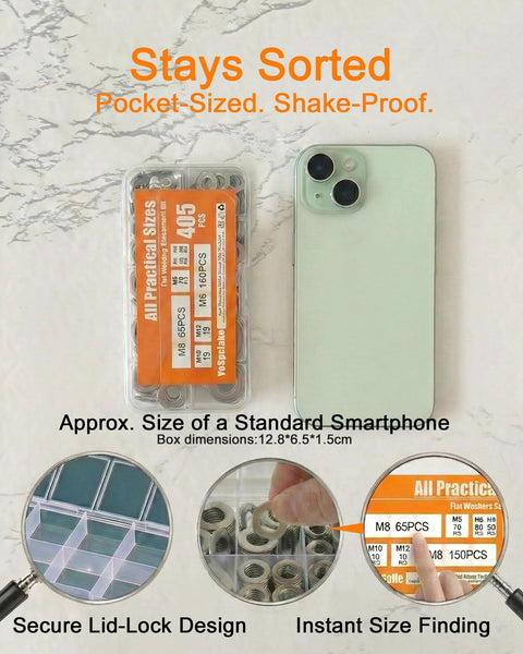 Flat washers kit by YoSpciaNe, 405pcs metric 304 stainless steel, M3–M12 sizes with M6/M8 in a plastic case