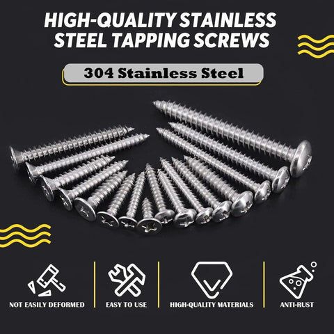 570 Piece Stainless Steel Self Tapping Screw Kit With Phillips Flat And Round Head Screws In 304 Stainless Steel Displayed On Surface