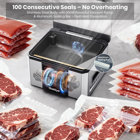 Gasbye Chamber Vacuum Sealer, stainless steel body, 5.3 qt chamber, replaceable 11.5 inch sealing bar, includes 30 pre-cut bags
