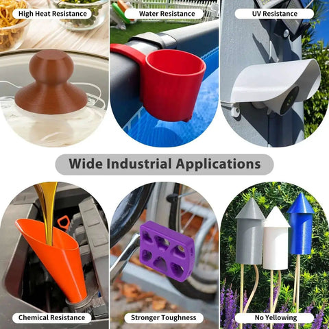 Wide industrial applications of ASA Filament 1.75Mm Black 1Kg Outdoor Ready 3D Printer Filament, showcasing its resistance properties.