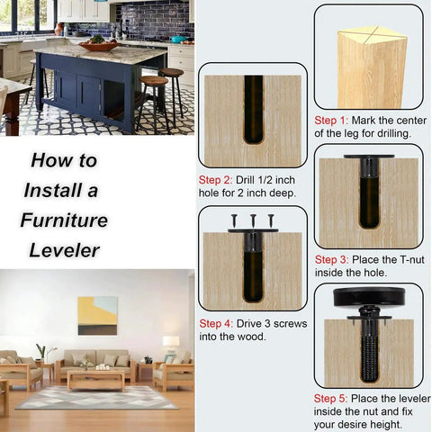 Diagram showing installation steps for Heavy Duty 3/8-16 UNC Leveling Feet With 2 Inch Base Diameter For Tables Chairs Cabinets And Sofas.