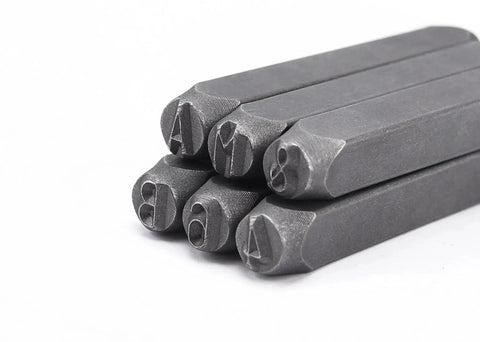 Close-up of 36 Piece Letter And Number Stamp Set With 6mm Height In A Wooden Case Beefy 40Cr Alloy Steel Metal Punches showing A, B, C, and 8.