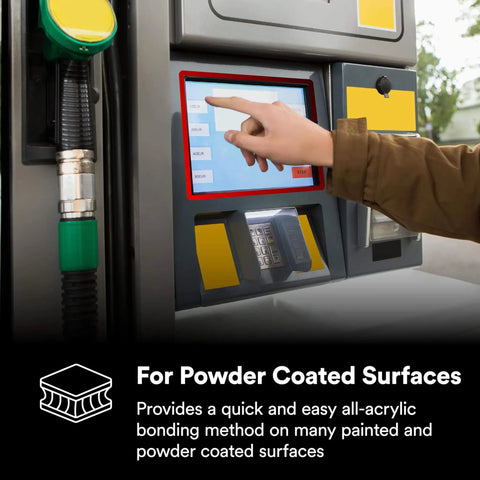 Person using touchscreen on a powder-coated gas pump interface, highlighting suitable use for powder-coated surfaces.