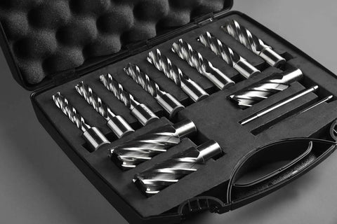 Heavy Duty 13 Piece Annular Cutter Set for Drill Press With Weldon Shank 3/4 Inch shown in open carrying case