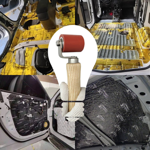 Handheld welding roller with 40mm red silicone wheel and 6mm brass penny on a wooden handle
