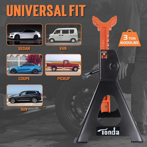 3 Ton Heavy Duty Jack Stands With Self Locking Ratchet near various vehicle types, lift range 13.39 to 21.06 inches