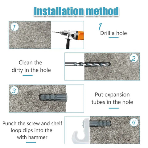 Installation steps for 24 Pack White Wire Shelf Clips With Brackets Set, showing drilling and inserting expansion tubes and clips.