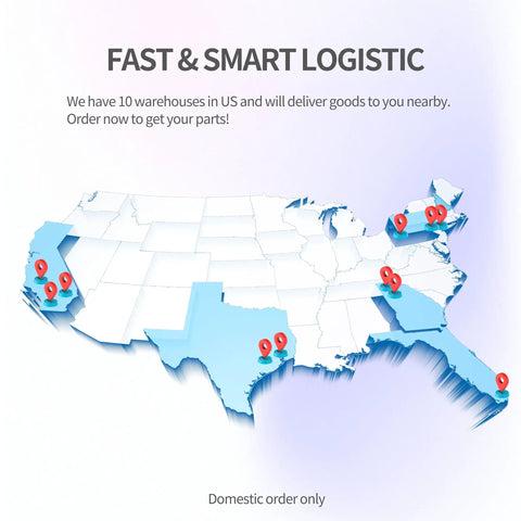Map of the United States showing locations of 10 warehouses for fast logistics services.