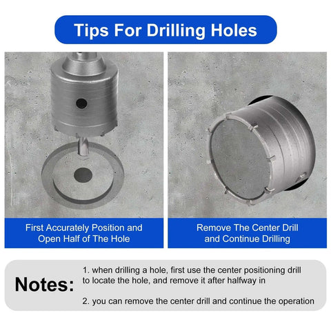 Instructions for using Dry Core Drill Bit Set For Concrete, 6 Piece Kit with core bit alignment and center drill removal