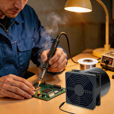 Compact 120mm DC Soldering Fume Extractor Fan With Filter Pad And Duct Kit Adjustable Speed Plug And Play For Welding Smoke Soldering Laser 3D Printer Enclosures Easy DIY Ventilation in use on a workbench during soldering.