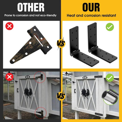 Side-by-side comparison of rusted hinge versus black corrosion-resistant heavy duty gate hinges 2 pack 270 degree adjustable.