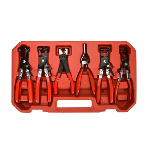 9Pc Hose Clamp Pliers Set With Reach Swivel Jaw Clic R Type For Coolant Hoses in red storage case, front view