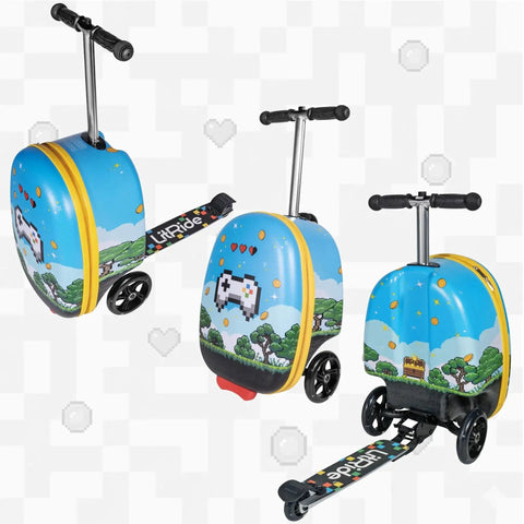 Kids Ride On Luggage with Built In Scooter, vibrant blue suitcase with graphics and LED light up wheels, side and frontal views