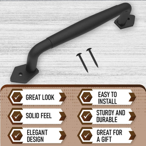 10 Inch Round Rustic Barn Door Handle In Black Steel Versatile Pull For Sliding Doors with two screws shown on wood surface