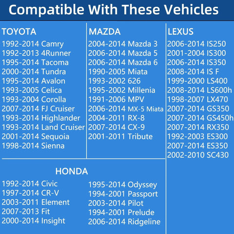 Vehicle compatibility chart including Toyota, Mazda, Lexus, and Honda models for Electric Fuel Pump With No Fuss Install Kit.