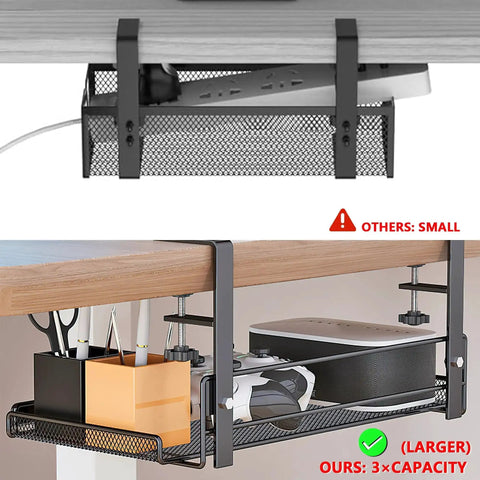 Under Desk Cable Management Tray For Cords And Wires, Medium Fit, showing capacity comparison and cable organization setup