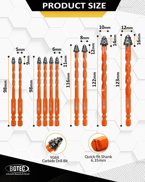 Four Blade Serrated Eccentric Masonry Drill Bit Set For Concrete Brick Tile Marble And More Ten Pack Carbide Bits With One Quarter Inch Shank Versatile Masonry Drill Bits For Wood Plastic Glass, showcasing various sizes.