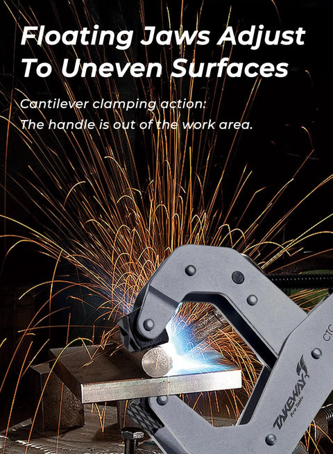 Deep Throat Welding And Fabrication Clamp With T-Handle gripping metal with sparks flying, cantilever design visible