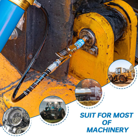 Grease gun coupler with quick-release, 0.53 in opening, 12,000 PSI, 1/8 in NPT, attached to a grease hose on machinery.