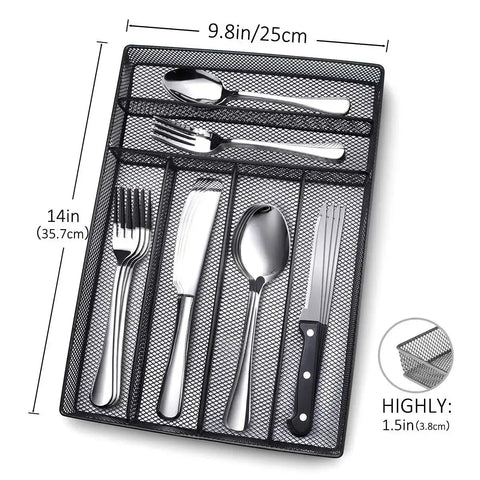 24 Piece Stainless Steel Silverware Set For 4 Dishwasher Safe Flatware Utensils With Knife Fork Spoon Steak Knife And Black Wire Mesh Storage Tray Included.