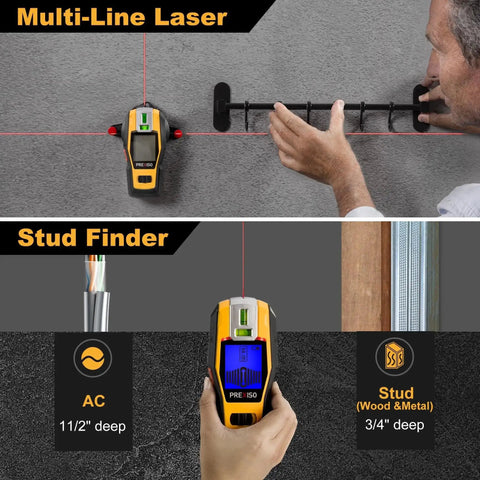 2-In-1 Stud Finder With Laser Level in use, displaying features like cross line laser, wall scanning for studs, wires, and pipes.