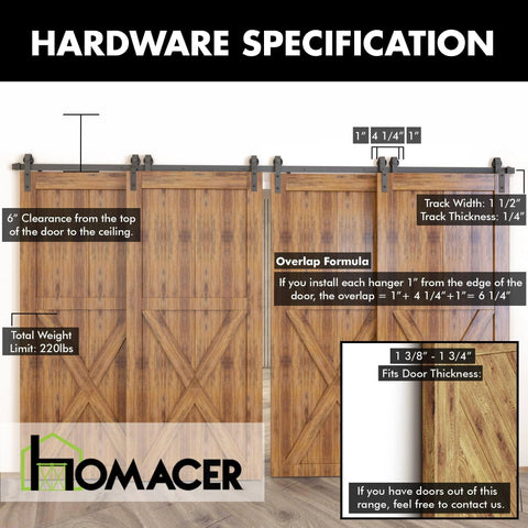 Black Rustic Single Track Bypass Sliding Barn Door Hardware Kit for Four Doors 10ft Long Flat Track Classic Roller Design.
