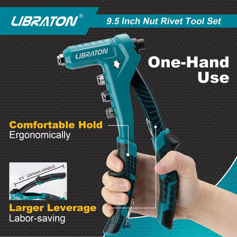 Hand holding 9.5 inch one handed rivet nut gun kit with 80 threaded nuts and 8 interchangeable mandrels, ergonomic grip visible.
