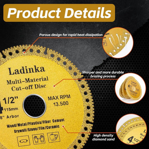 Close-up of multi-material cut-off disc with text highlighting features like porosity and durable brazing, suitable for various materials.
