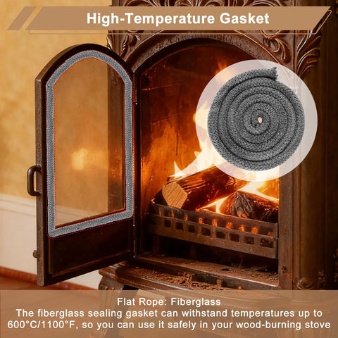 Komokeru wood stove door gasket, grey fiberglass rope seal, 1-inch x 86-inch, for wood stoves.