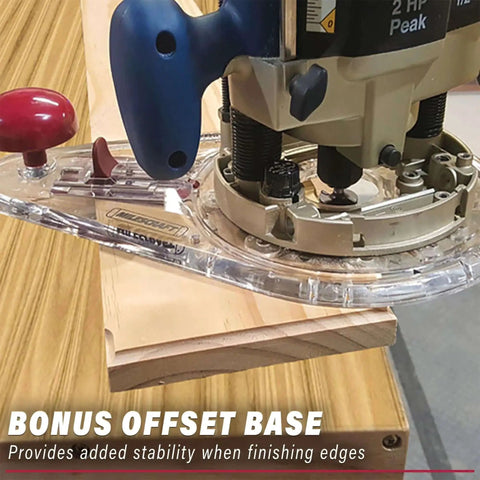 Circle Guide Router Kit For Precise Circle Cutting From 1.5 Inches To 52 Inches With Offset Base Includes Small And Large Jigs Imperial And Metric Scales Easy Readout Window Milescraft 1219 in use on wooden board