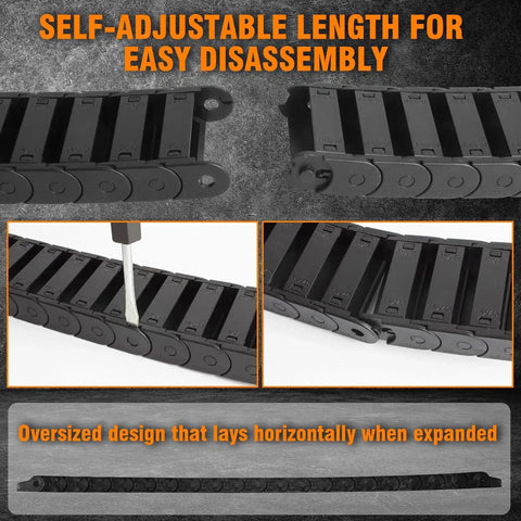 25x50Mm Inner Height And Width Drag Chain Cable Carrier, PA66 nylon, showing easy disassembly and adjustable length for CNC routers.