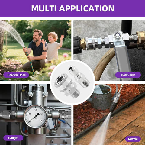 4-piece 3/8 in stainless steel quick-connect fittings set for pressure washers; shown with hose, valve, gauge, and nozzle