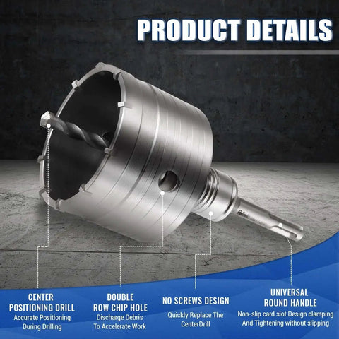 Pro Grade Heavy Duty Concrete Hole Saw Kit With Upgraded SDS Plus And Max Shanks For 30 40 50 65 80 100 And 110 MM Drilling Includes Centering Bits Great For Concrete Brick Stone And Cement Walls Zeliceka, showing a side view of the hole saw with center drill and chip hole features.
