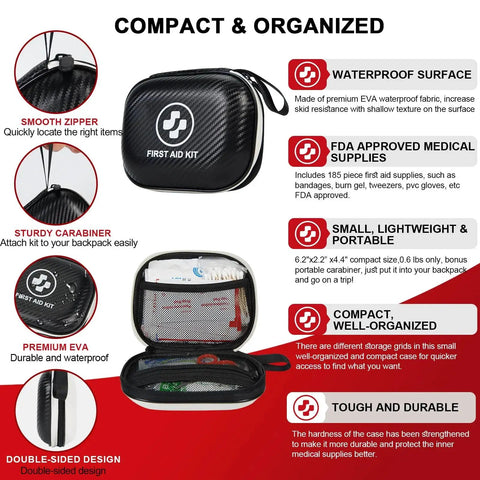 Compact Go-To 185-Piece Waterproof First Aid Kit with hard case shown open and closed, highlighting features and portability