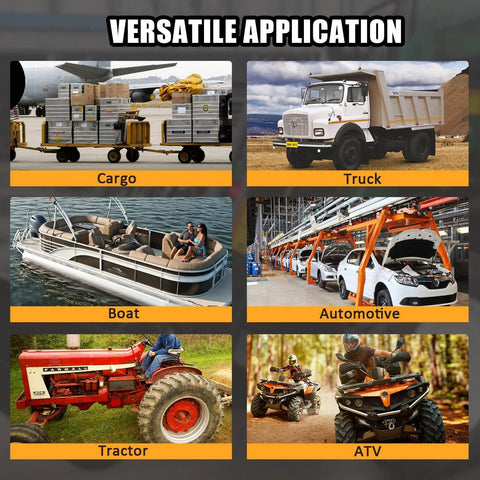 Image showing diverse applications: cargo plane, dump truck, pleasure boat, automotive assembly line, tractor, and ATVs.