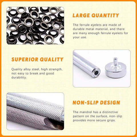 One Quarter Inch Black Grommet And Eyelet Kit With 200 Sets and tools, featuring metal eyelets, install rod, punch, durable qualities.