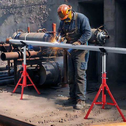 Welder using Versatile Pipe Stand And Welding Jack Stand 28 To 52 Inch Height 2500 Lbs in industrial setting