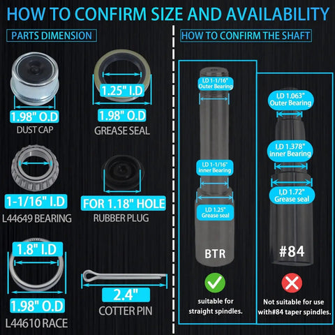 Diagram showing parts dimensions and shaft fitting for Best Value iBroPrat Boat Trailer Bearing Kit Set For One And One Sixteenth Inch Axles