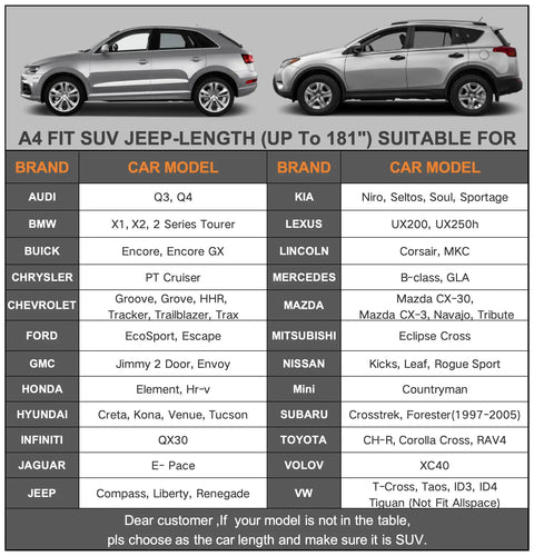 Image showing compatibility chart for the All Weather Heavy Duty SUV Car Cover With Zipper For Outdoor Snow Sun UV Waterproof Exterior Protection Universal Fit For SUVs And Jeeps Up To 181 Inches Kayme.